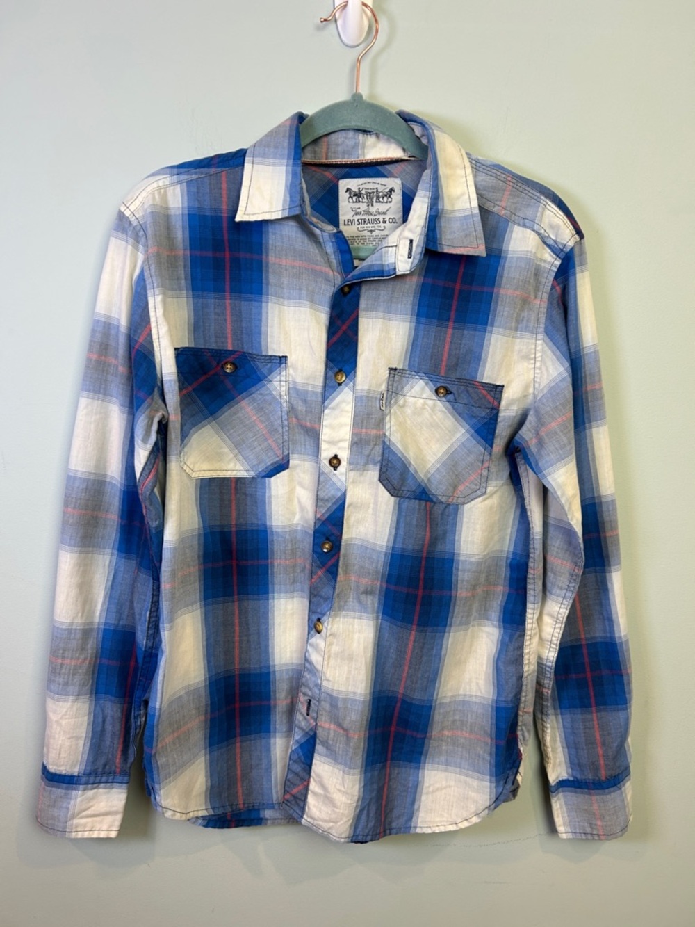 Levi's Blue White Plaid Button‎ Down Long-Sleeve Shirt Western Style Small